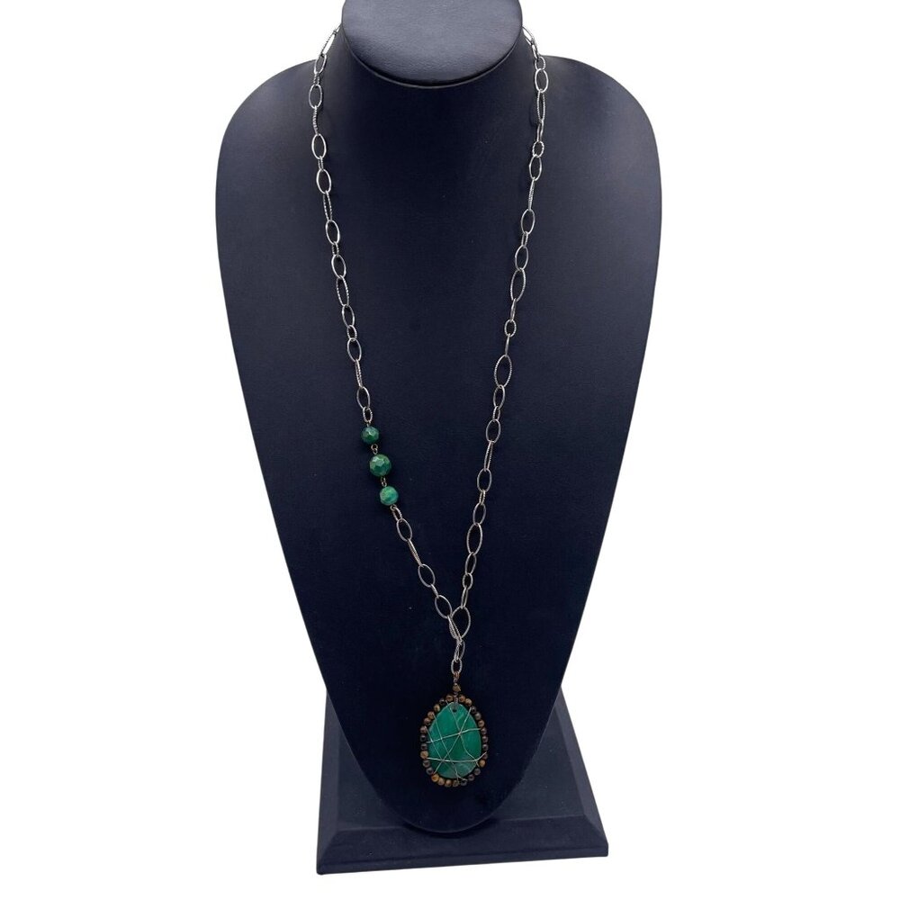 Jade Pendant Long Chain Necklace Silver Tone Boho Beachy Nature 31 Inches